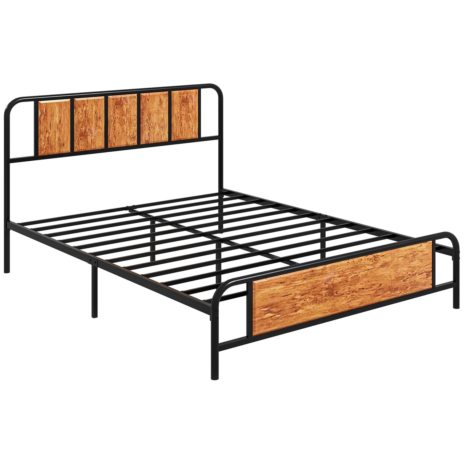 5.2ft King Bed Frame with Industrial Wood Headboard, Steel Slat Support and 31cm Underbed Storage Space, 160 x 207cm, Rustic Brown