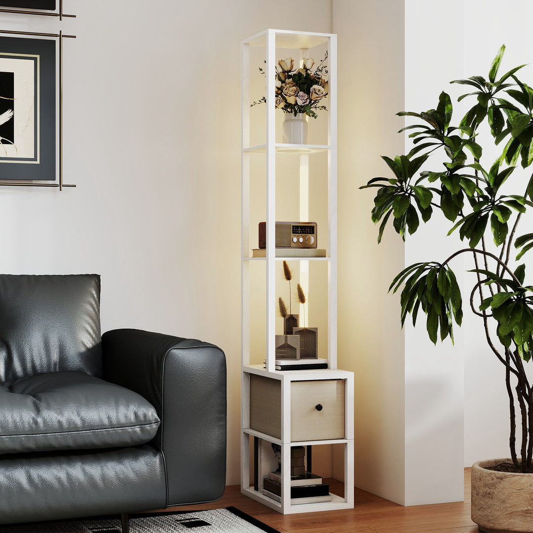 Floor Lamp with Shelves, LED Column Modern Standing Lamp with Fabric Drawer, Adjustable Brightness, Foot Switch for Living Room, Bedroom, Office, White