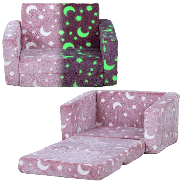 AIYAPLAY Childrens Sofa Beds 2 in 1 Kids Foldable Chair with Glow in The Dark Stars Moon Design, Washable Cushion and Cover, Pink | Aosom UK