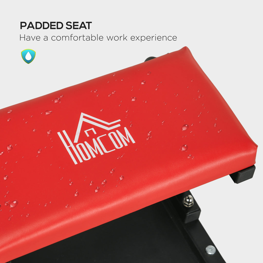 Workshop Stool, Rolling Machine Stool with 360° Swivel, Padded Seat, Tool Tray, Red