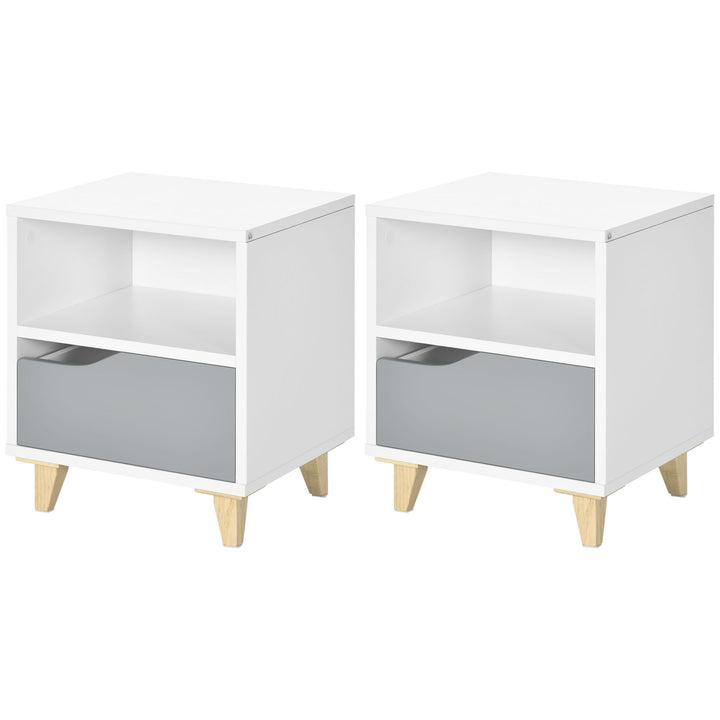 HOMCOM Bedside Table Set of 2, Modern Design, with Shelf and Drawer, Wood Legs, White and Grey