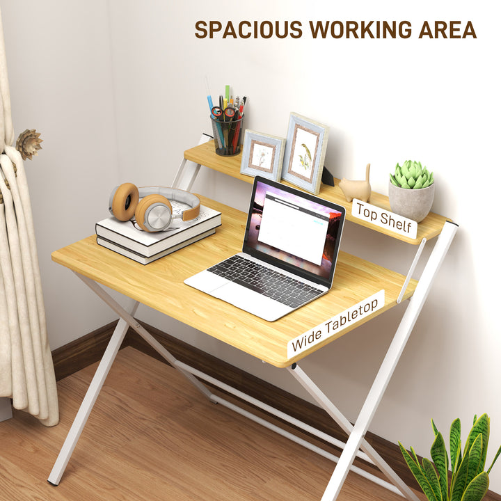 Compact Folding Desk for Small Spaces, Foldable Computer Desk with Storage Shelf for Home Office, 2-Tier Study Writing Table, 86 x 66 x 82 cm, Maple Wood-effect