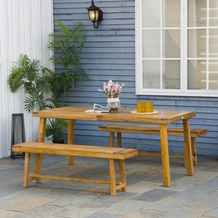 Outsunny 3 Pieces Picnic Bench Set with Table and 2 Benches, Acacia wood Dining Trestle Beer Table and Seat,  Natural Wood Finish