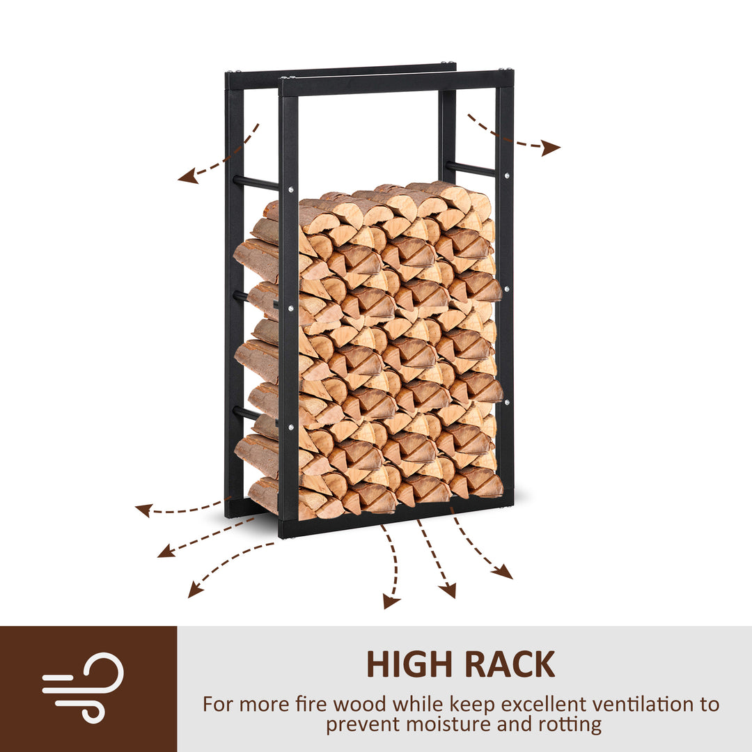 Metal Firewood Log Holder Tall Firewood Rack Indoor Outdoor Fireplace Wood Storage Shelf with Side Rails, Rust-Resistant, Black, 60W x 25D x 100H cm
