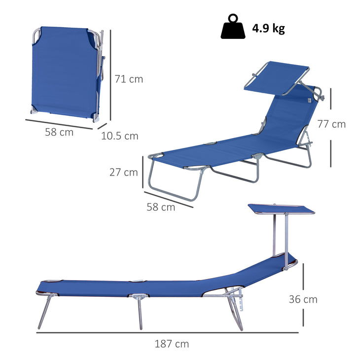 Single Sun Lounger, with Awning and Reclining Back - Blue