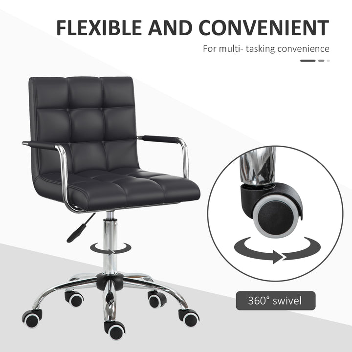 Office Chair, Makeup Vanity Chair, Mid Back Computer Chair, PU Leather Swivel Study Chair with Adjustable Height, Armrest and Rolling Wheels, Black