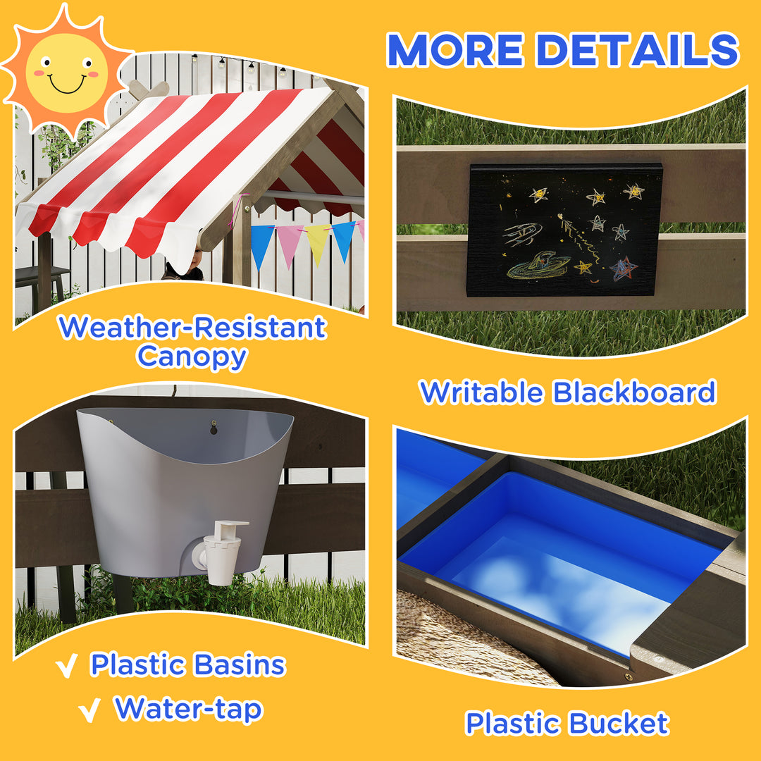 House-Designed Wooden Sandbox, Outdoor Sandpit, with Blackboard, Toys, Sink, Seats, Flags, for Ages 3-7 Years - Grey