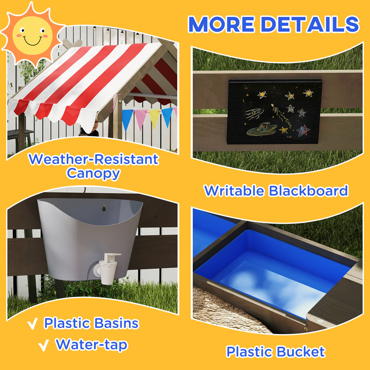 House-Designed Wooden Sandbox, Outdoor Sandpit, with Blackboard, Toys, Sink, Seats, Flags, for Ages 3-7 Years - Grey