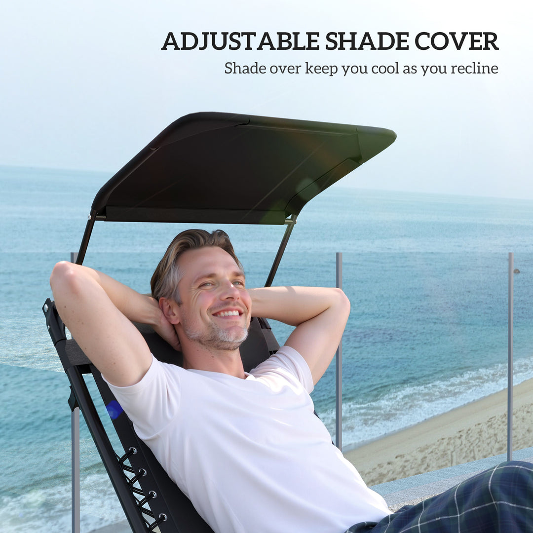 Zero Gravity Lounger Chair, Folding Reclining Patio Chair with Shade Cover, Padded Seat, Cup Holder, Soft Cushion and Headrest for Poolside, Camping, Black