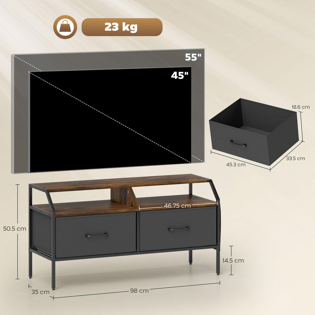 TV Stand Cabinet, TV Unit for 55-inch TVs with 2 Foldable Fabric Drawers, 5 Divided Side Pockets, Open Shelves, Console Table for Living Room, Bedroom, Entertainment Room, Rustic Brown