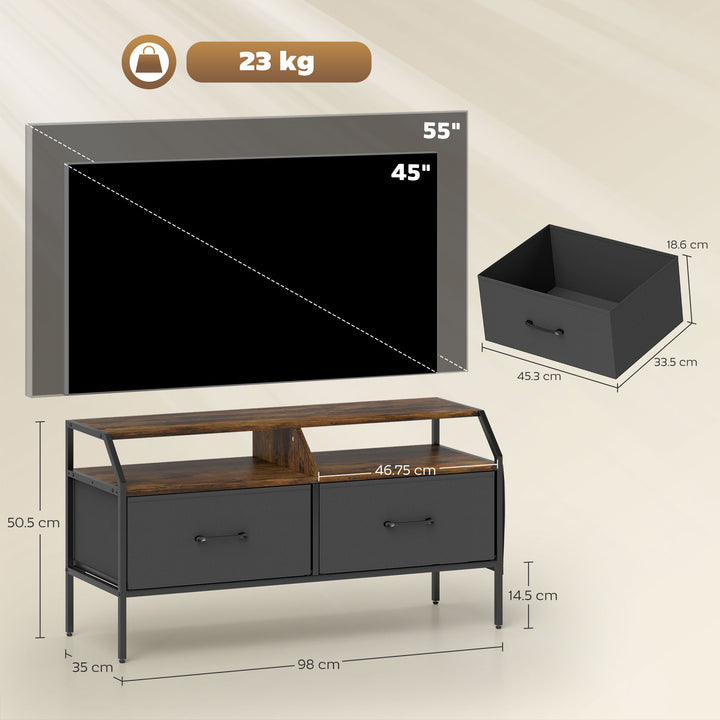 TV Stand Cabinet, TV Unit for 55-inch TVs with 2 Foldable Fabric Drawers, 5 Divided Side Pockets, Open Shelves, Console Table for Living Room, Bedroom, Entertainment Room, Rustic Brown