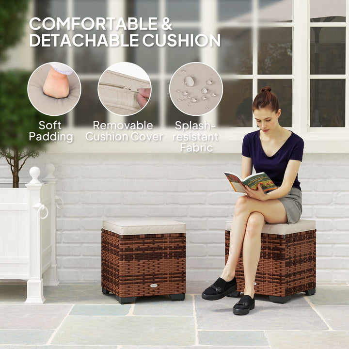 Set of 2 Rattan Storage Ottoman, Outdoor Footstool with Removable Cushions, Garden Storage Seat for Balcony, Porch, Living Room, Beige