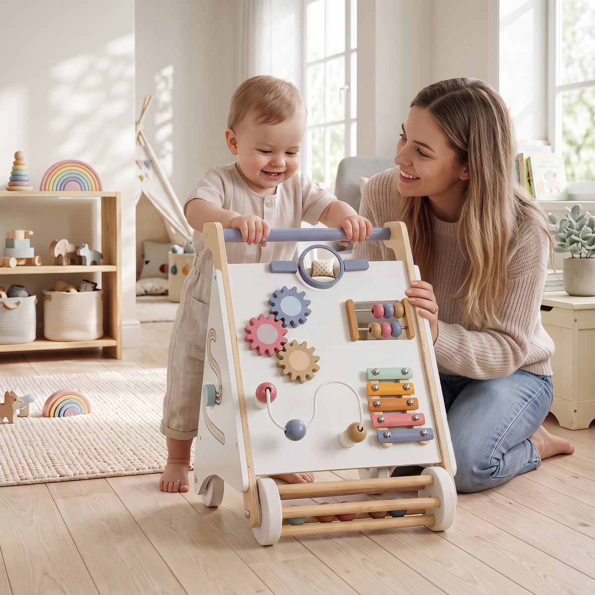 Wooden Baby Walker, Montessori Push Along Toy with 5 Blocks and - view 2
