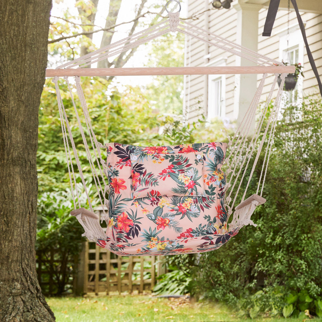 Outsunny Garden Outdoor Hanging Hammock Chair Thick Rope Frame Wooden Arms Safe Wide Seat Garden Outdoor Spot Stylish Multicoloured floral | Aosom UK