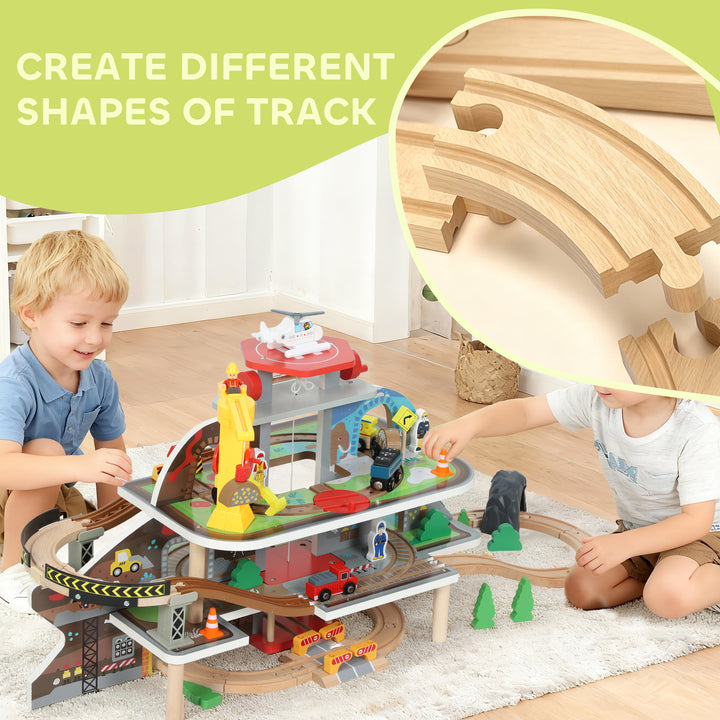 MCL 79 Piece Wooden Train Set, Kids Train Track Mine Themed with Crane, Helicopter