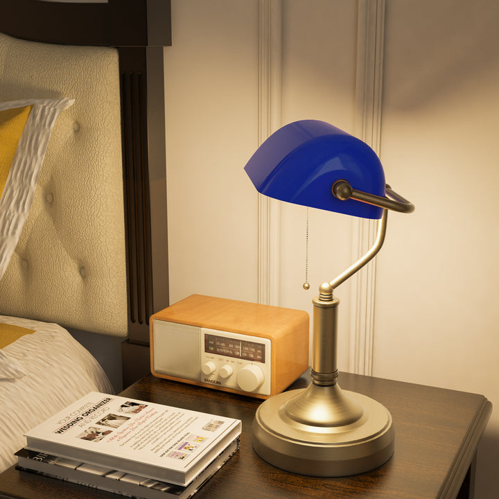 HOMCOM Banker's Desk Lamp with Antique Bronze Tone Base, Table Lamp with Blue Glass Shade for Home Office, Blue