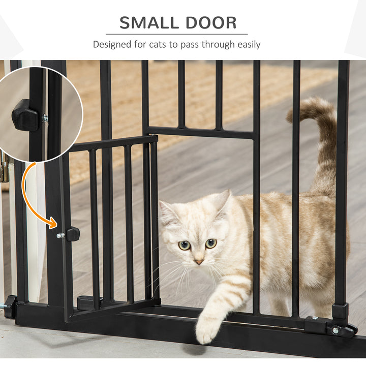 PawHut Extra Tall Dog Gate with Cat Door, Pet Safety Gate for Doorways Stairs with Auto Close Double Locking, 104H x 74-80W cm, Black | Aosom UK