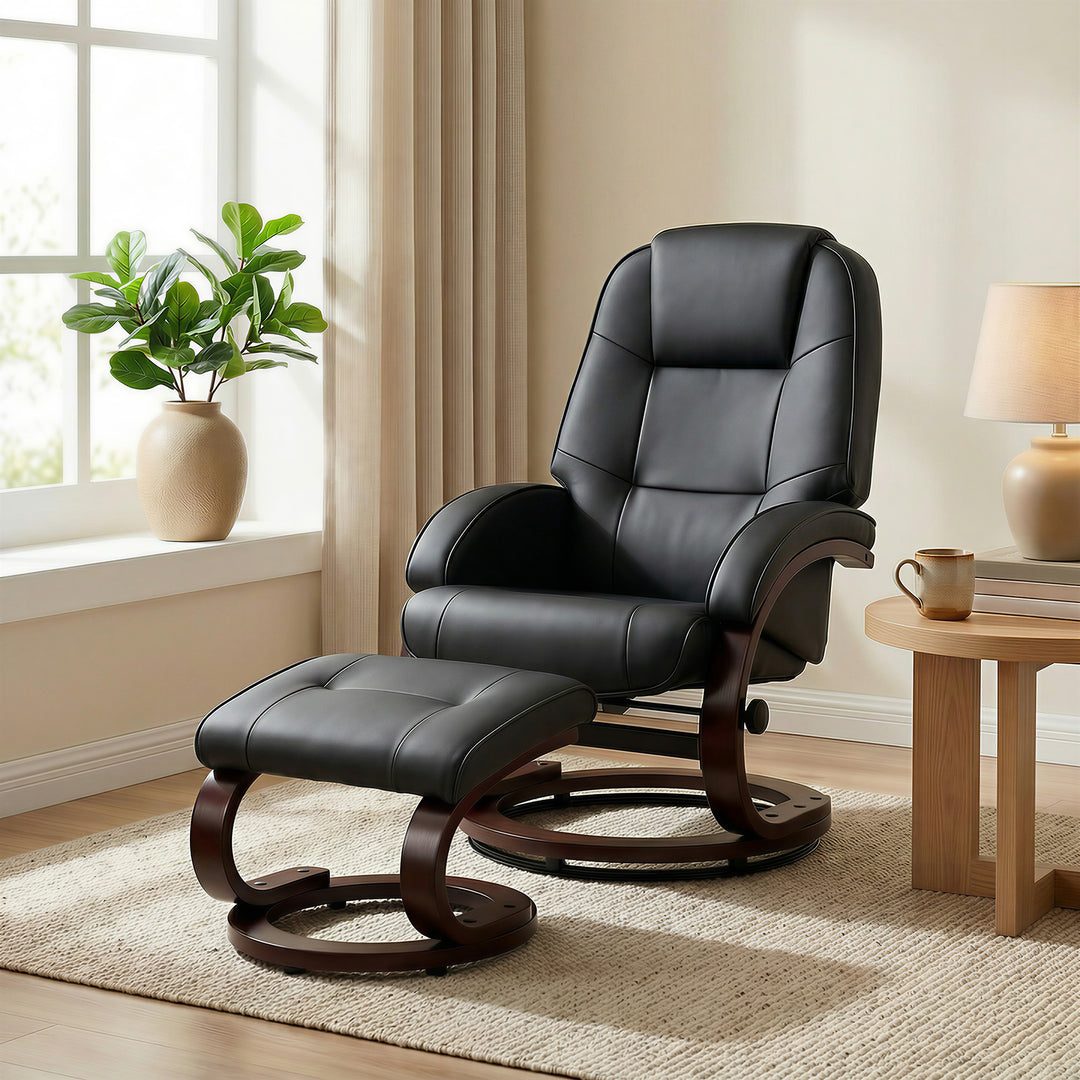 Swivel Recliner Chair with Footstool, PU Leather Recliner Armchair wit