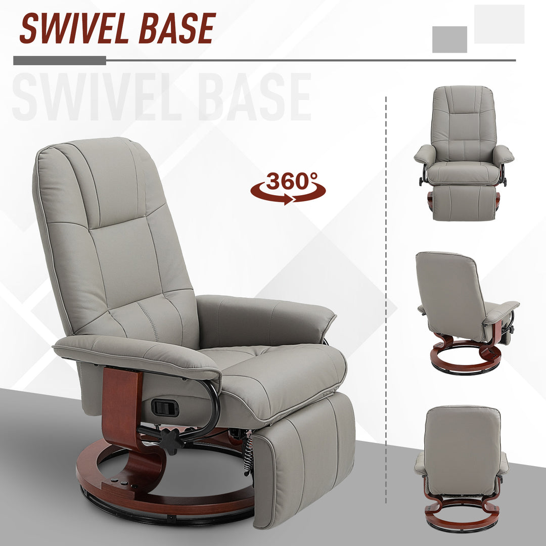 360° Swivel Recliner Chair with Footstool, Manual Recliner Armchair with Wooden Base, Faux Leather Upholstered Reclining Chair for Living Room, Bedroom, Office, Grey