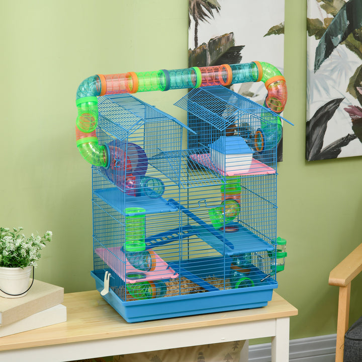 PawHut Hamster Habitat, 5 Tier Cage with Exercise Wheels, Tunnel, Water Bottle, Dishes, Ladder, Blue | Aosom UK