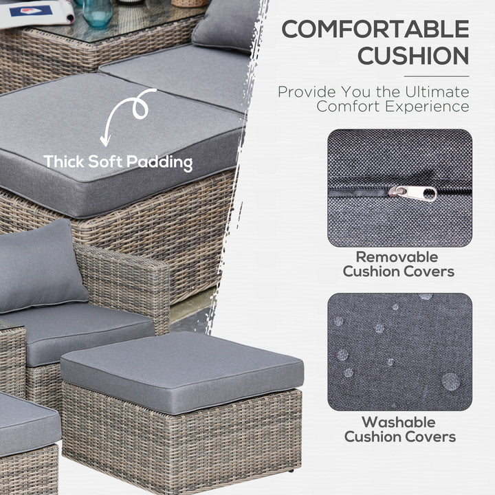 5 Piece Rattan Garden Furniture Set w/ 10cm Thick Cushions, Aluminium Frame Wicker Outdoor Balcony Sofa Set with Corner Armchairs, Ottomans, and Glass Top Table, Mixed Brown