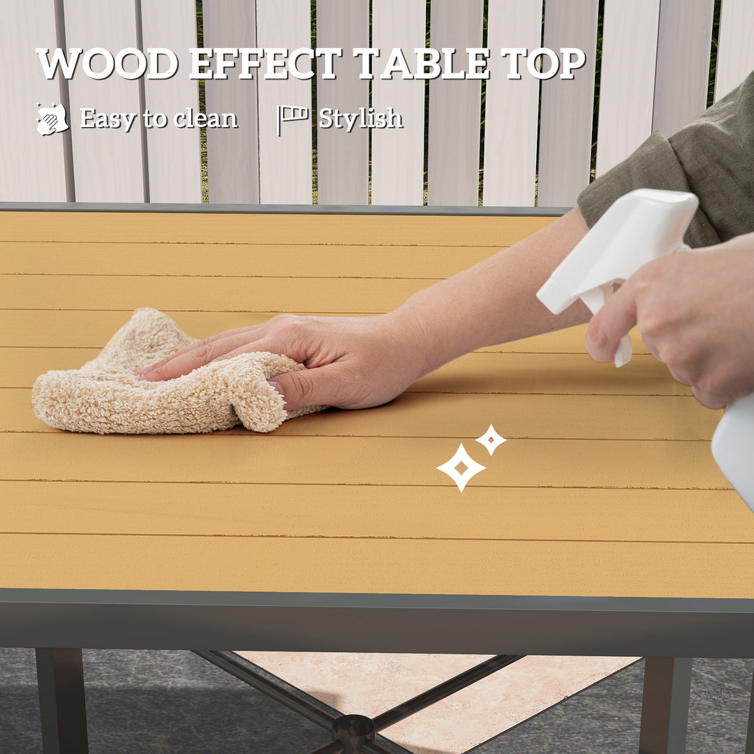 Garden Table for 4, 90 cm Rectangular Outdoor Dining Table with 4.2 cm Umbrella Hole, Wood Effect Top, Rust Resistant Frame, for Patio, Balcony, Terrace, Natural Wood Finish