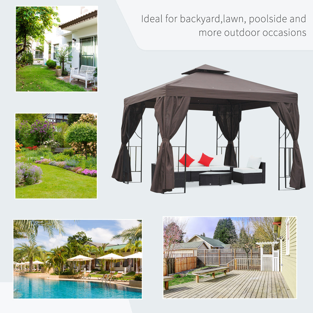 3 x 3 m Garden Gazebo Double Roof Marquee Patio Wedding Party Tent Canopy Shelter with Sidewalls (Brown)