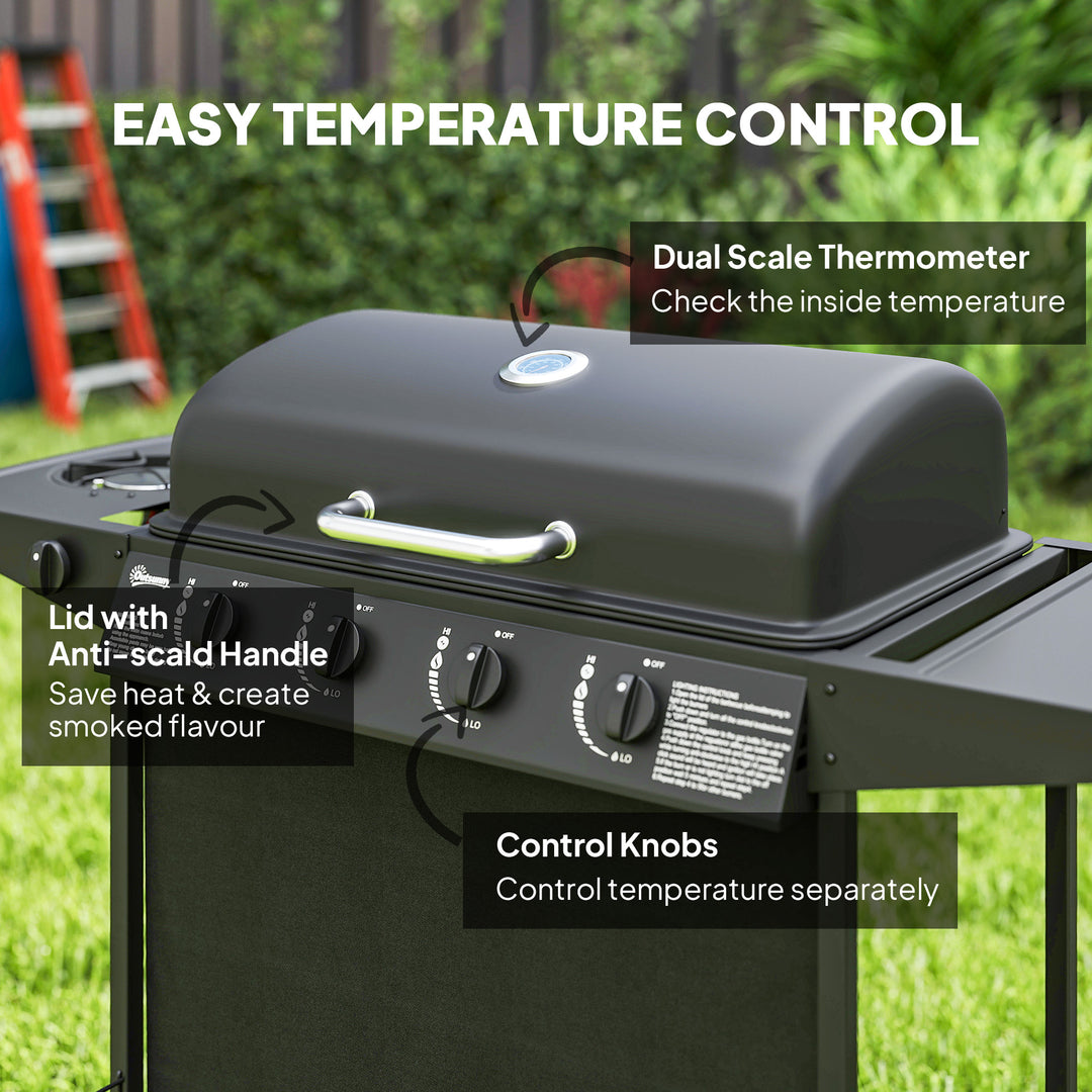4+1 Burner Gas BBQ Grill, Portable Gas Barbecue Grill with Built-in Thermometer, Lid, Side Table, Shelf, Spice Rack, Wheels, Grease Cup for Garden Party Outdoor Cooking, Black