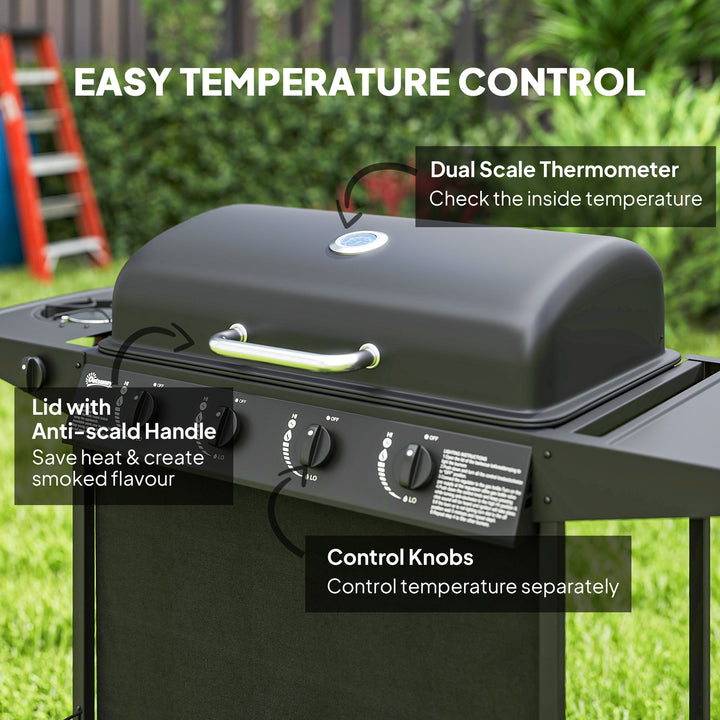 4+1 Burner Gas BBQ Grill, Portable Gas Barbecue Grill with Built-in Thermometer, Lid, Side Table, Shelf, Spice Rack, Wheels, Grease Cup for Garden Party Outdoor Cooking, Black