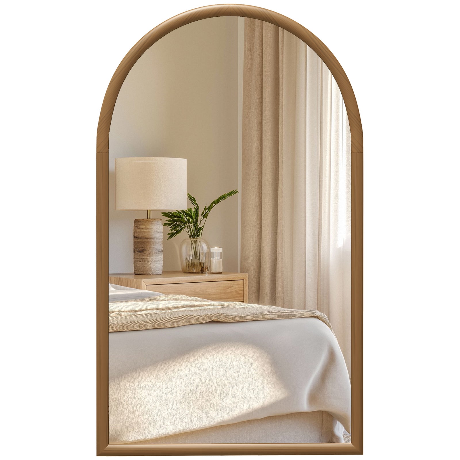 110 x 65cm Wooden Arched Mirror - Natural Finish