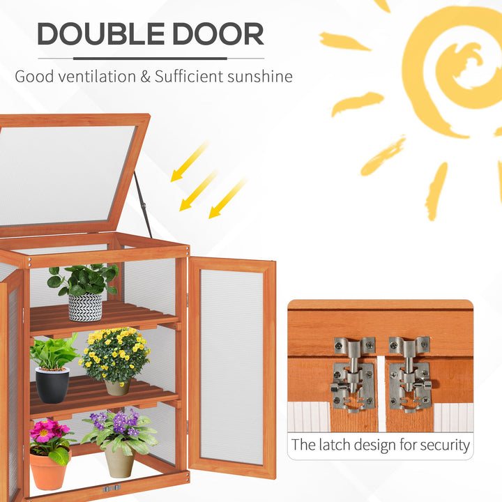 Outsunny 3-tier Wood Greenhouse Garden Polycarbonate Cold Frame Grow House w/ Storage Shelf for Plants, Flowers, Orange | Aosom UK