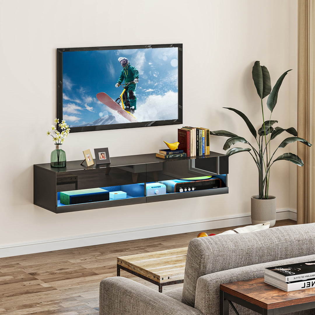 Floating TV Unit, Wall Mounted TV Cabinet for TVs up to 65", High Gloss Media Wall Unit with LED Lights, Storage Shelves for Living Entertainment Room, Black