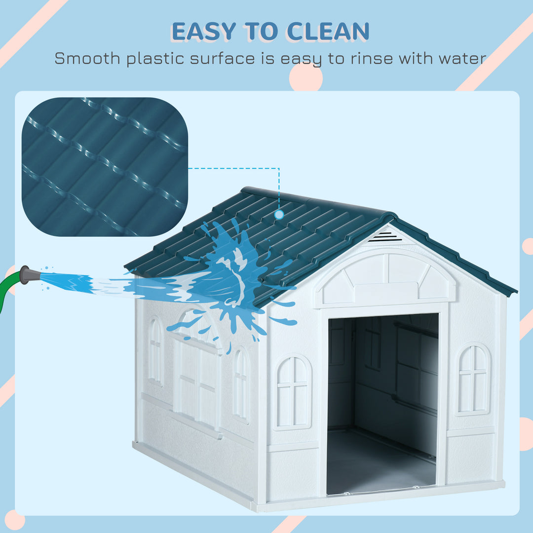 Plastic Weather-Resistant Dog House, for Indoors and Outdoors, Large Dogs - White and Blue