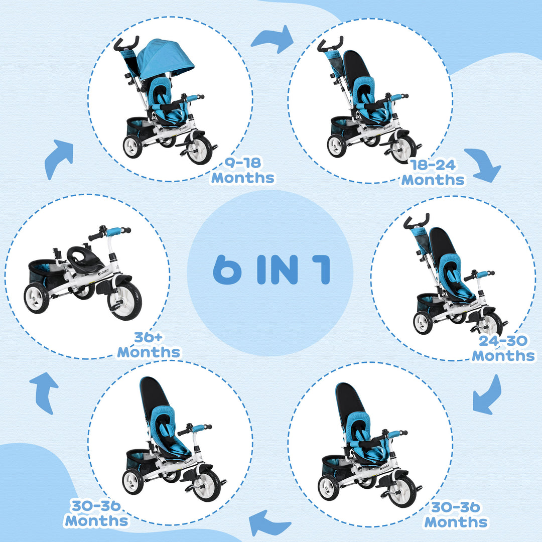 6 in 1 Kids Trike with Parent Handle, Canopy, 5-point Safety Belt, Storage, Footrest, Brake, for 1-5 Years, Blue