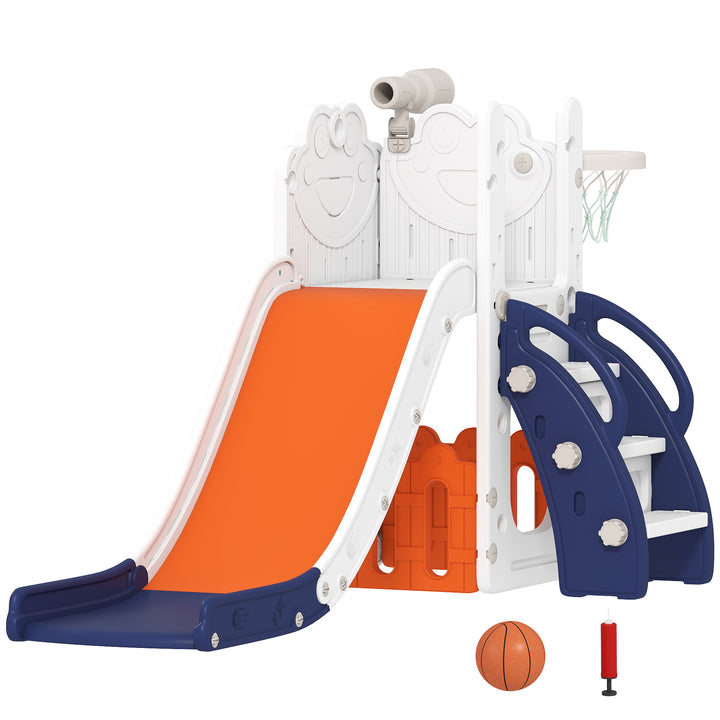5 in 1 Kids Slide Set with Basketball Hoop, Climbing Frame, Telescope,
