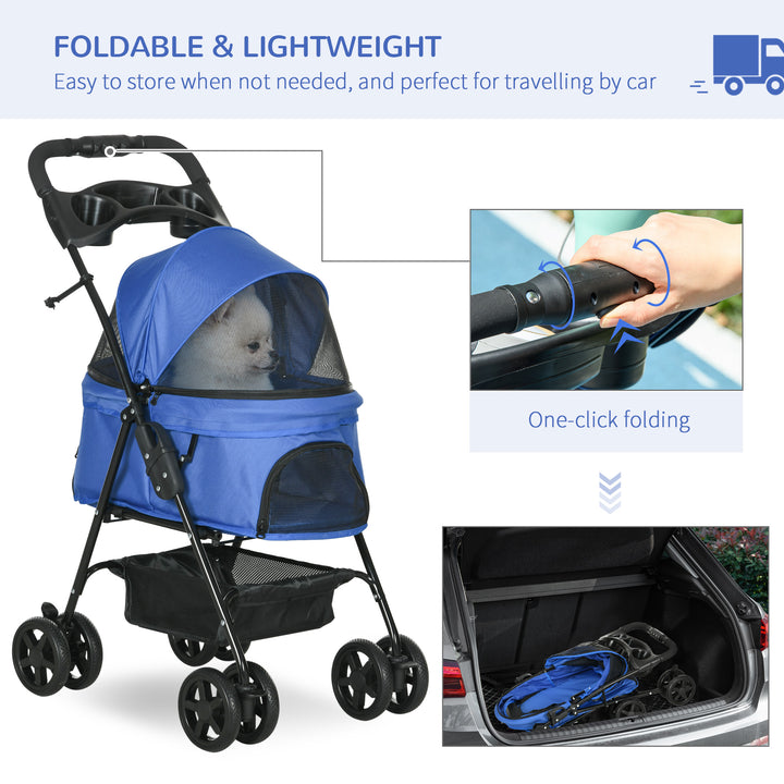 Dog Stroller with Rain Cover, Dog Pushchair One-Click Fold Trolley Jogger with EVA Wheels Brake Basket Adjustable Canopy Safety Leash for Small Dogs, Blue