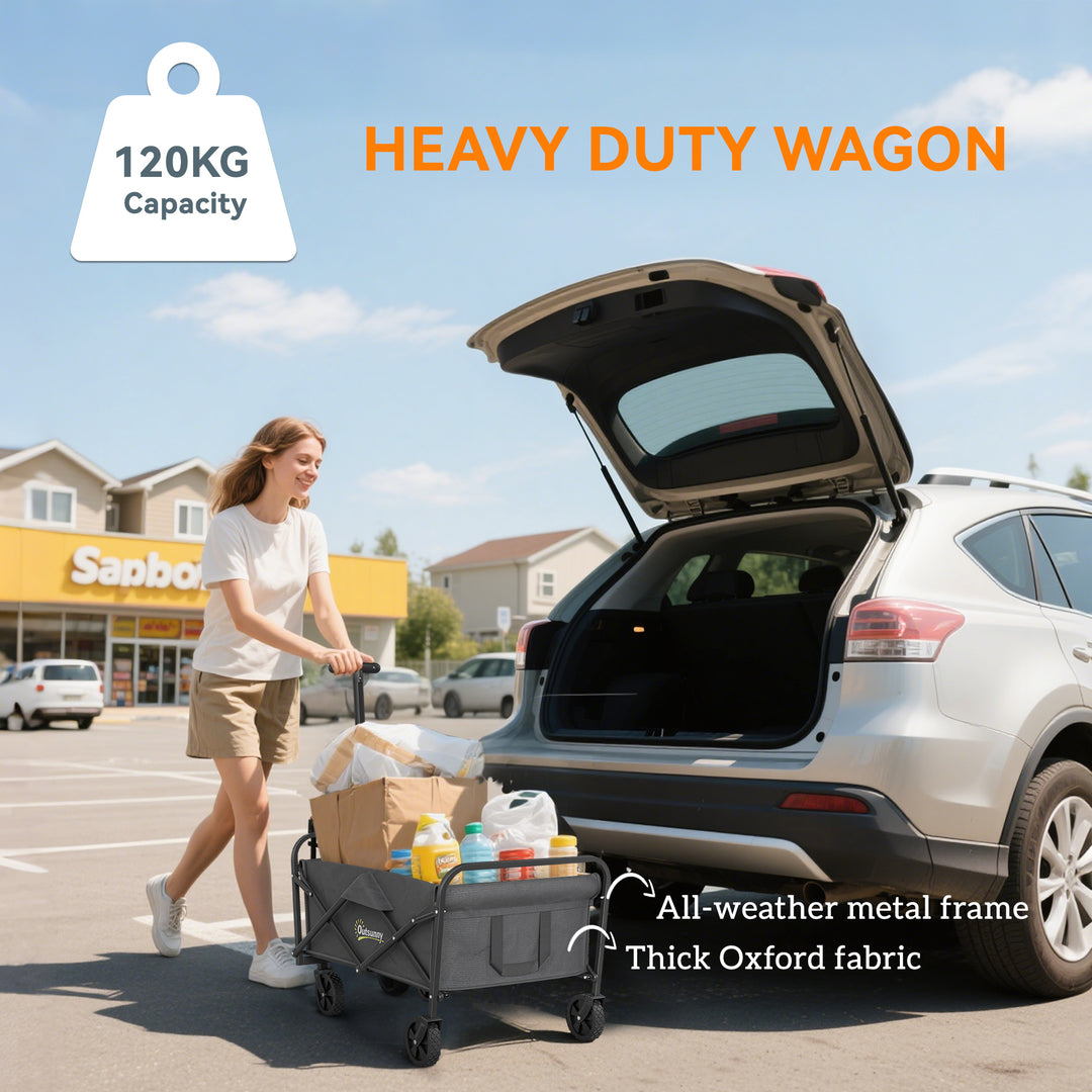 62L Festival Trolley on Wheels, Garden Folding Trolley Cart, 120kg Heavy Duty Collapsible Folding Wagon with Adjustable Handle and Carrying Bag for Beach, Camping, Festival, Grey