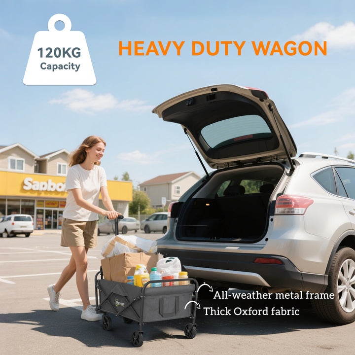 62L Festival Trolley on Wheels, Garden Folding Trolley Cart, 120kg Heavy Duty Collapsible Folding Wagon with Adjustable Handle and Carrying Bag for Beach, Camping, Festival, Grey