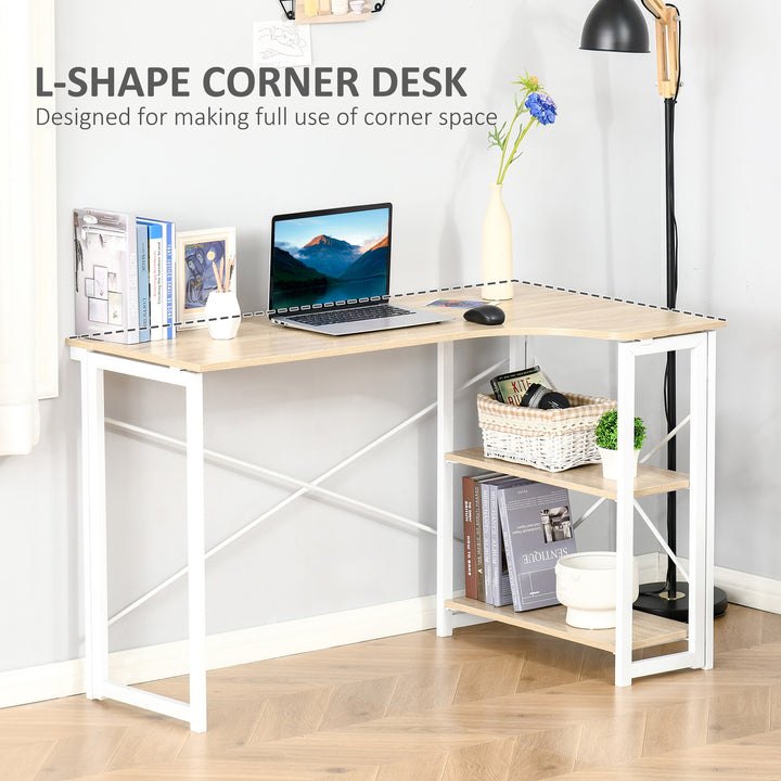 MCL Folding Desk, L Shaped Desk, Corner Computer Desk with 2-Tier Storage Shelf for Home Office, Study Room, Workstation, Easy Assembly, 120 x 72.5 x 76.5cm, Oak Tone