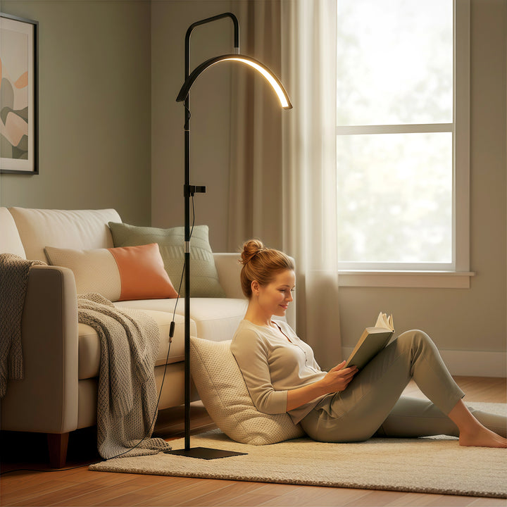 Half Moon Lash Light, Beauty Floor Lamp with 350° Rotatable Head, 7 Colour Temperature and Phone Holder, Dimmable Standing Lamp for Eyelash Extension, Tattoo, Nails, Skincare