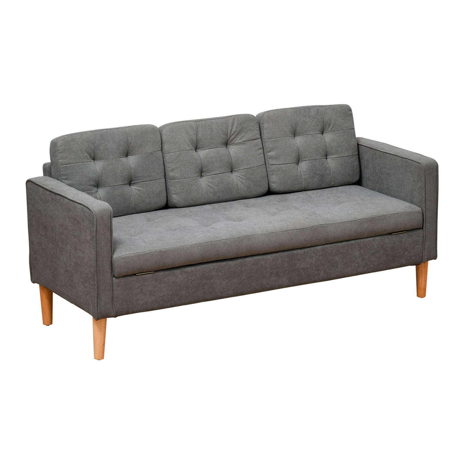 Modern 3 Seater Sofa with Hidden Storage, 169cm Tufted Cotton Couch with Wood Legs, Compact Sofa for Living Room, Grey
