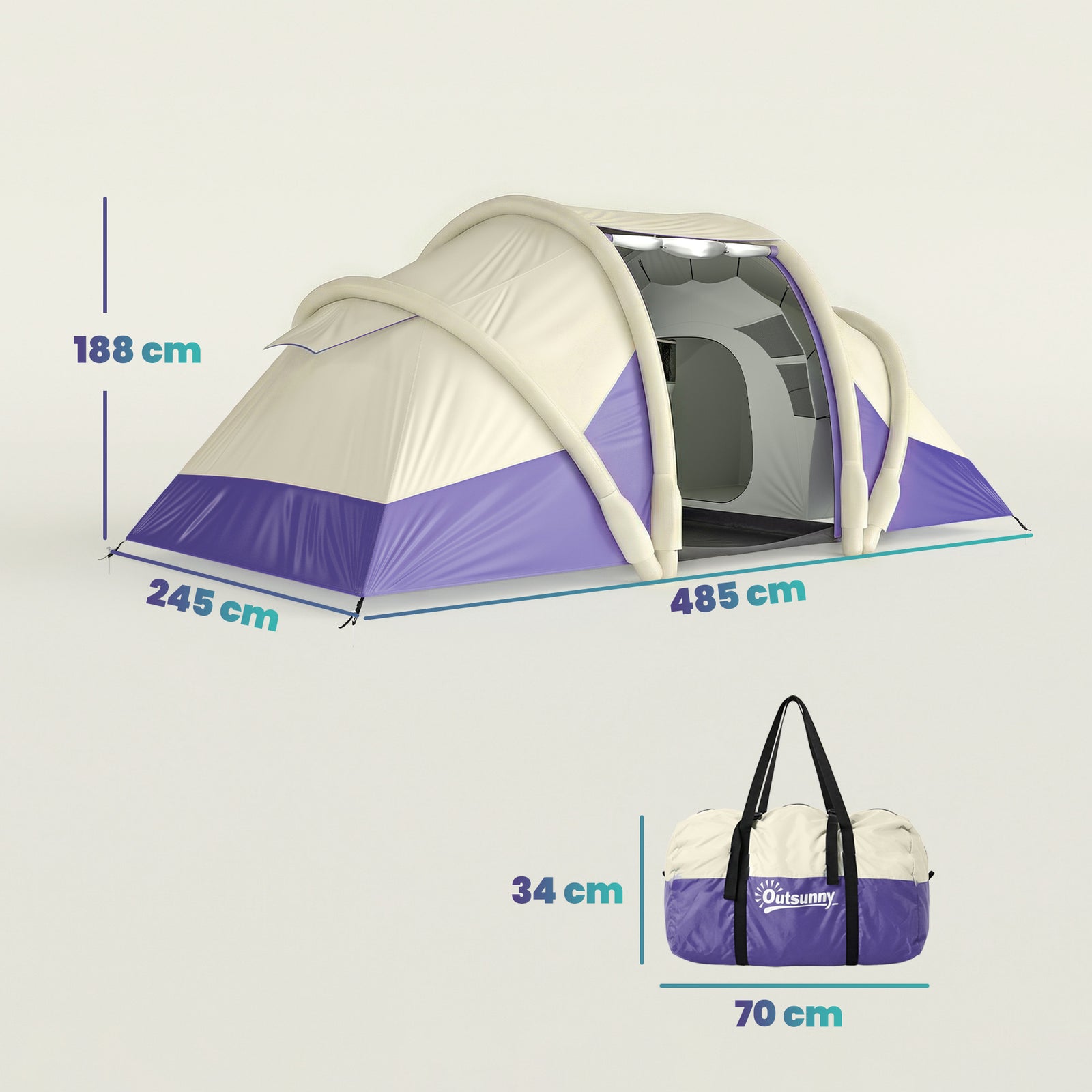 Inflatable Tent 2 Bedroom Tunnel Design Windproof Air Tent with Carry 