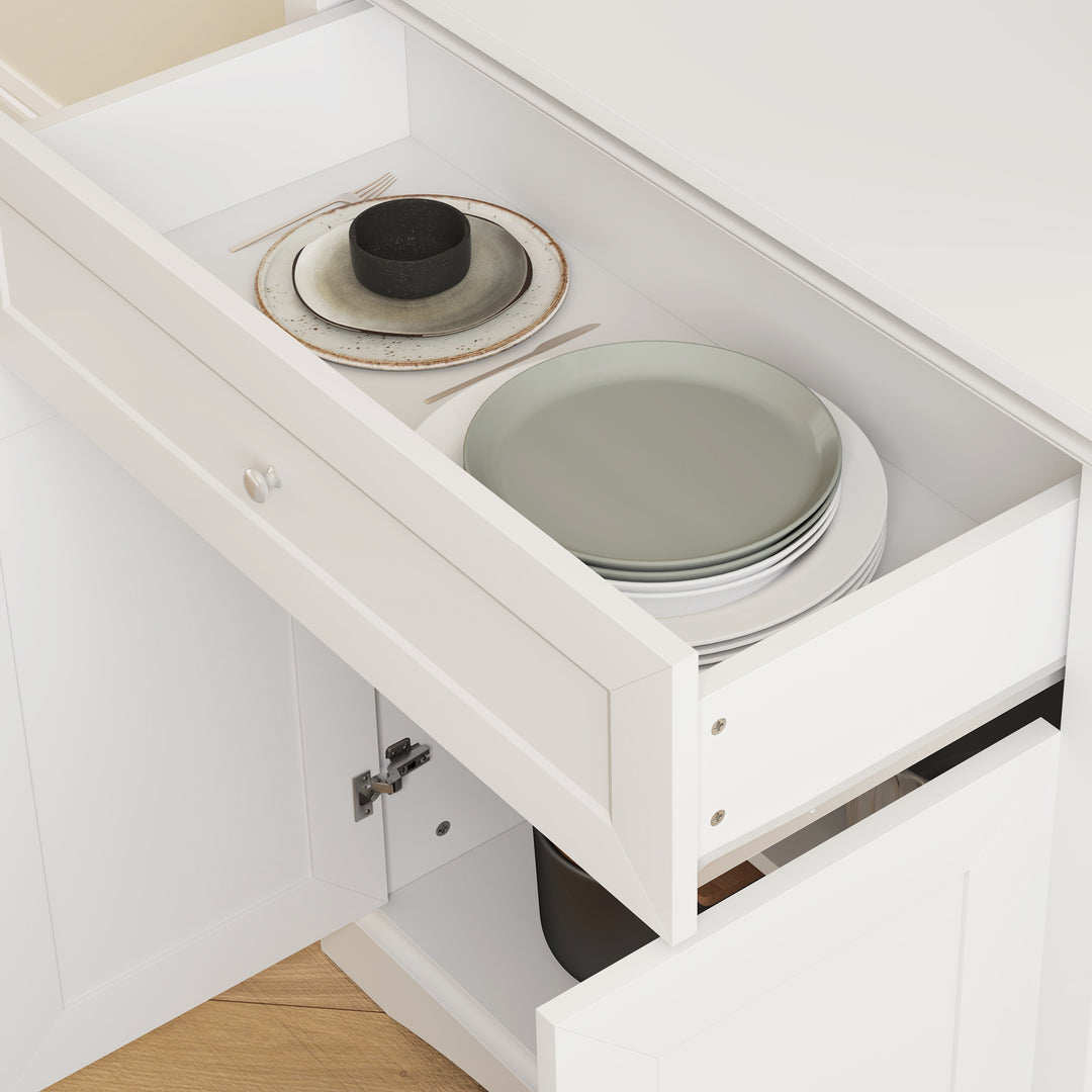 4-Door Kitchen Cupboard with Drawer, Freestanding Kitchen Cabinet with Glass Doors, Adjustable Shelves and Open Counter, White