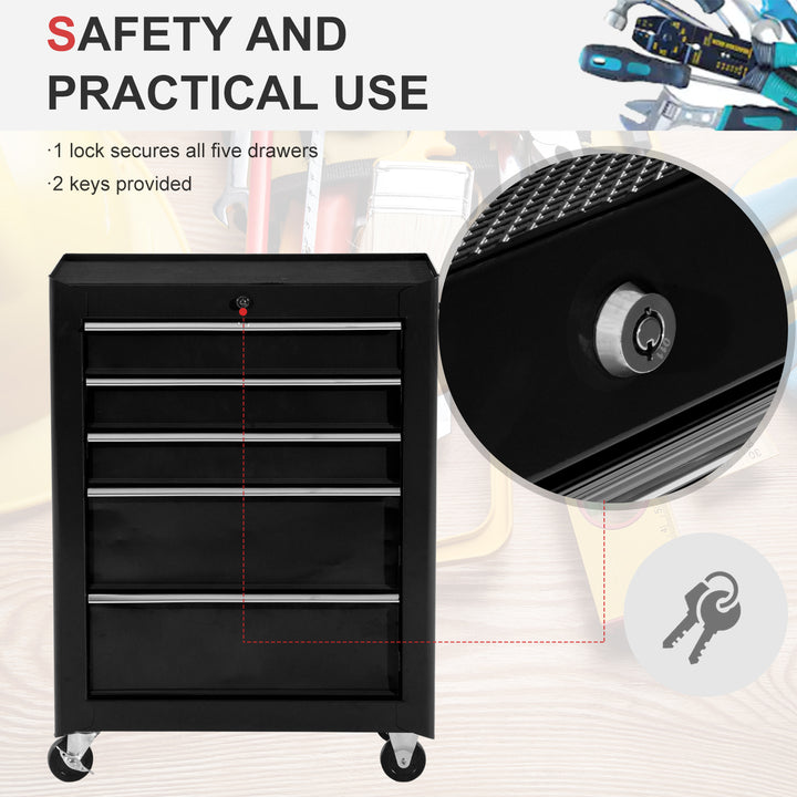 5-Drawer Tool Chest, Lockable Steel Tool Storage Cabinet with Wheels and Handle Tool Box for Garage, Workshop, Black