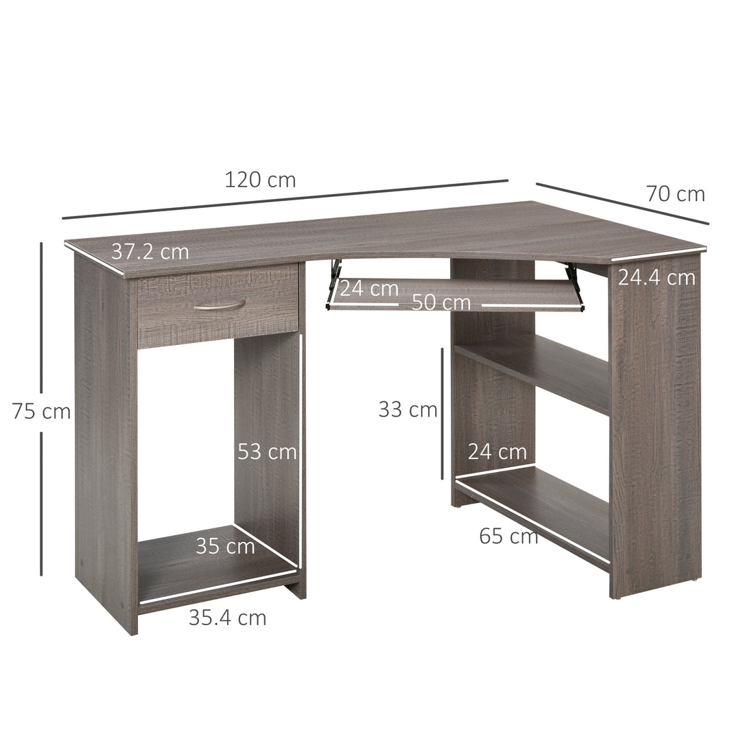 HOMCOM L-Shaped Corner Computer Desk w/ 2 Shelves Wide Worktop Keyboard Tray Drawer & CPU Stand Home Office Study Bedroom Furniture Grey | Aosom UK