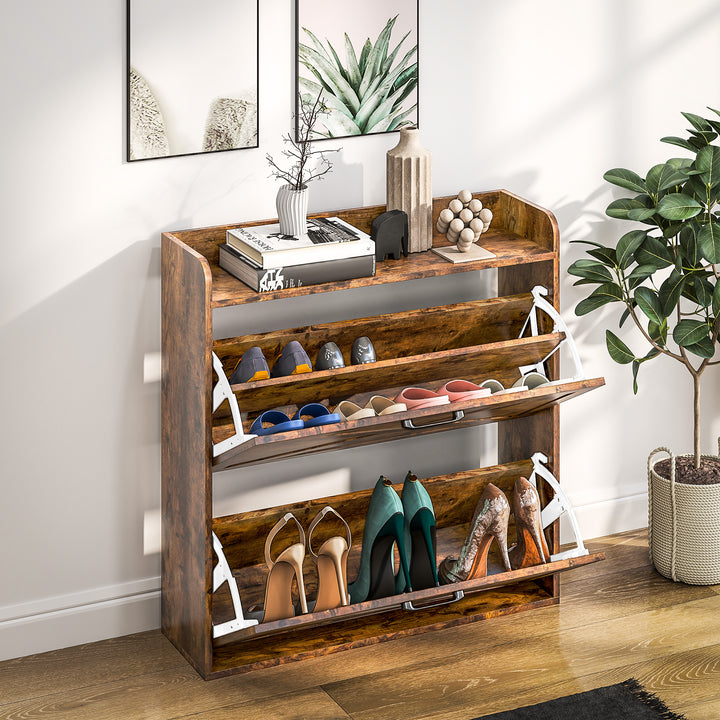 Two Flip Drawer Narrow Shoe Cabinet with Adjustable Shelves - Rustic Brown