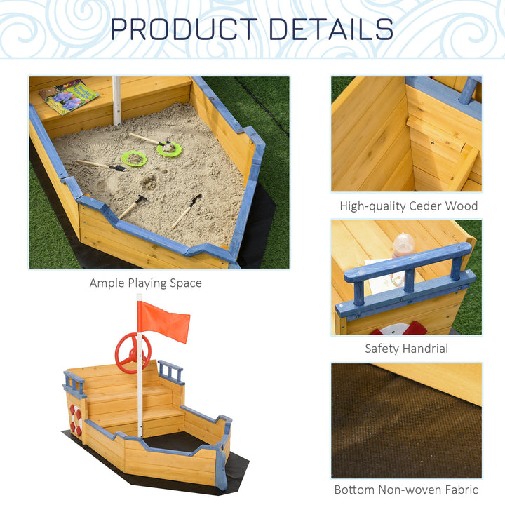 Outsunny Kids Wooden Sandpit Children Sandbox Pirate Ship Sandboat Outdoor Backyard Playset Play Station w/ Bench Bottom Liner