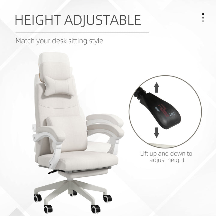 Linen-Look Office Chair, with 160° Reclining Back and Footrest - White