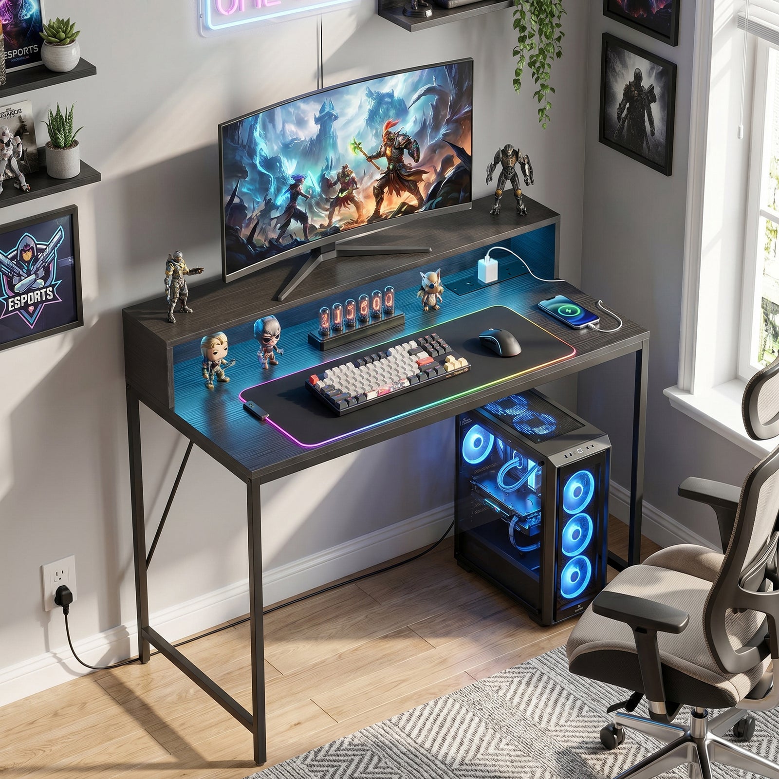 Gaming Desk, 100cm Computer Desk with LED Lights, Power Outlets, Monit