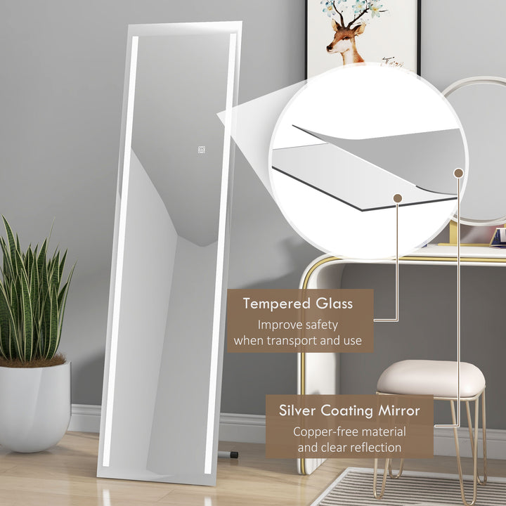 HOMCOM LED Dressing Mirror, Standing Wall Bedroom Mirror with Dimmable 3 Colour Lighting, 23W, 40x50x148cm, White | Aosom UK